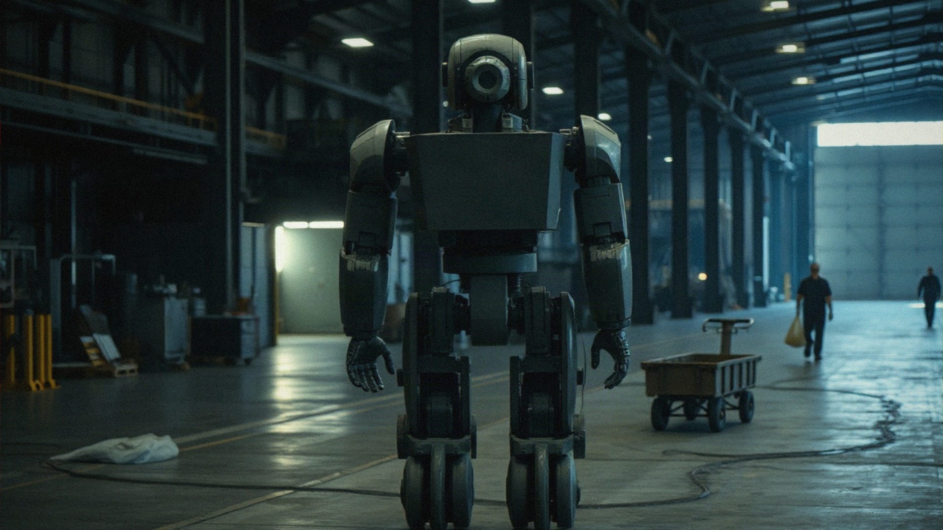 A partly built humanoid waits in a dim plant hall — the manufacturing Tesla has started, and the cost per unit it has not yet published. (The Signal / AI-generated)