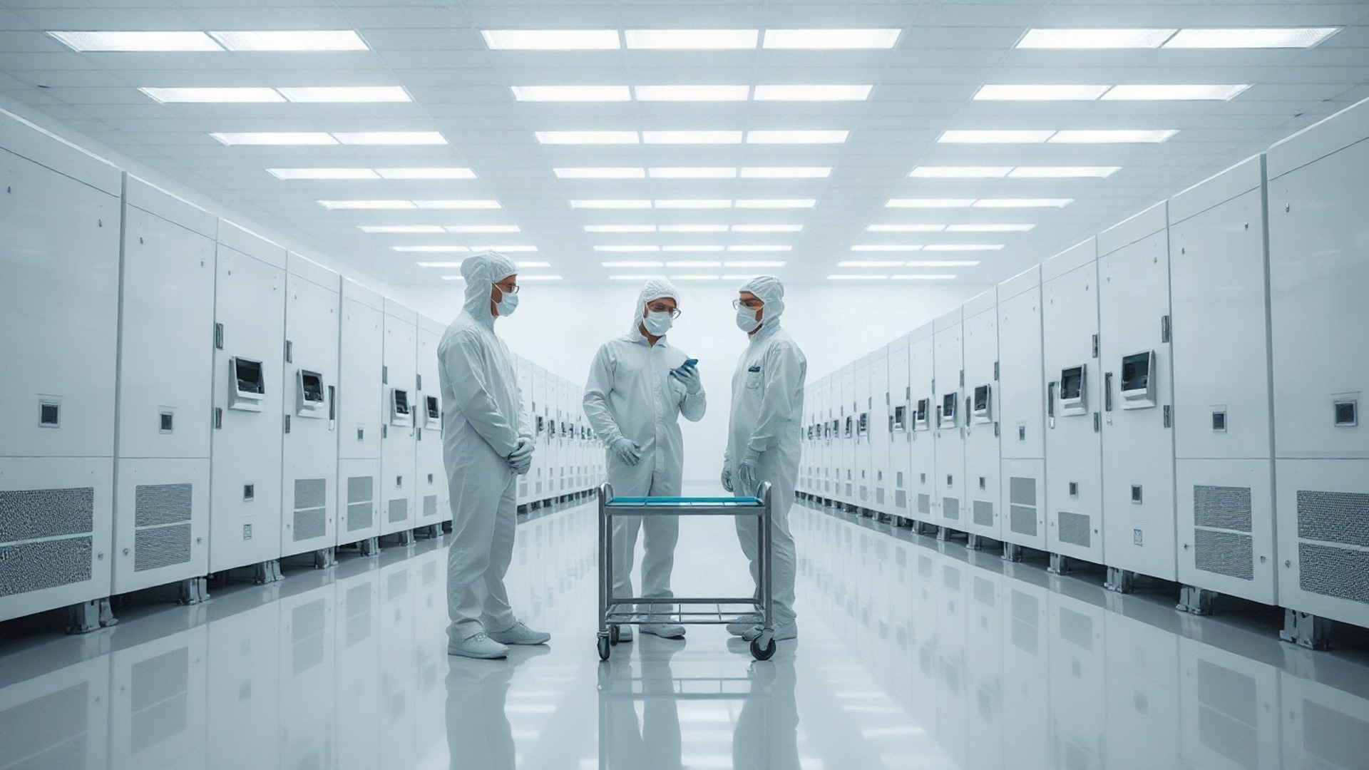 Engineers in white cleanroom suits working beside a towering lithography machine inside a chip fab — where the world's most advanced AI chips are born. Photo: The Signal / AI-generated.