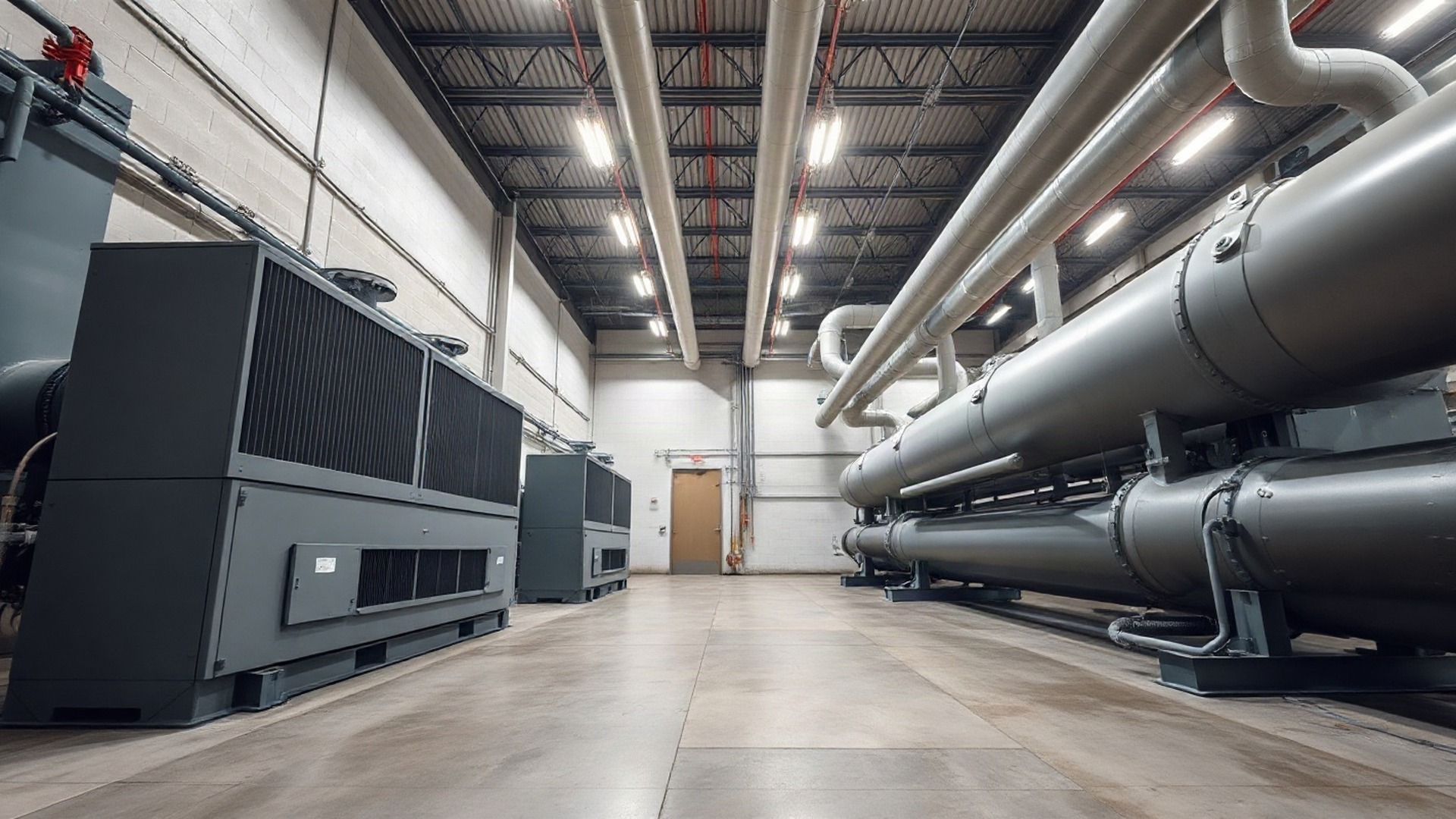 Water-cooled centrifugal chillers and insulated coolant pipework in an industrial plant room — the heat-rejection layer Vertiv builds for AI data centers. Vertiv and Nvidia unveiled a prefabricated "AI factory" approach on Oct. 21, 2026. Photo: The Signal / AI-generated.