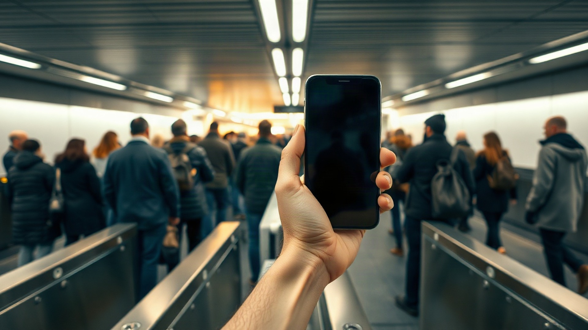 Commuters tapping phones and bank cards on contactless readers at a city transit fare gate during the evening rush. Visa's network clears about 900 million transactions on an average day, and it is now building the identity layer for AI agents that pay. Photo: The Signal / AI-generated.