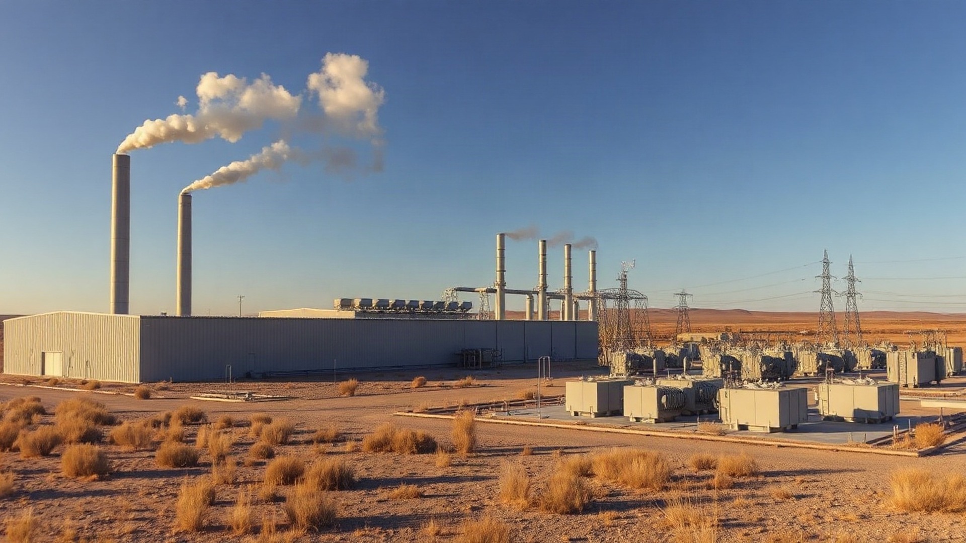 A combined-cycle natural gas power station and its high-voltage switchyard stand on the flat West Texas plains in low afternoon light, with a line of steel transmission towers receding toward the horizon. Photo: The Signal / AI-generated.