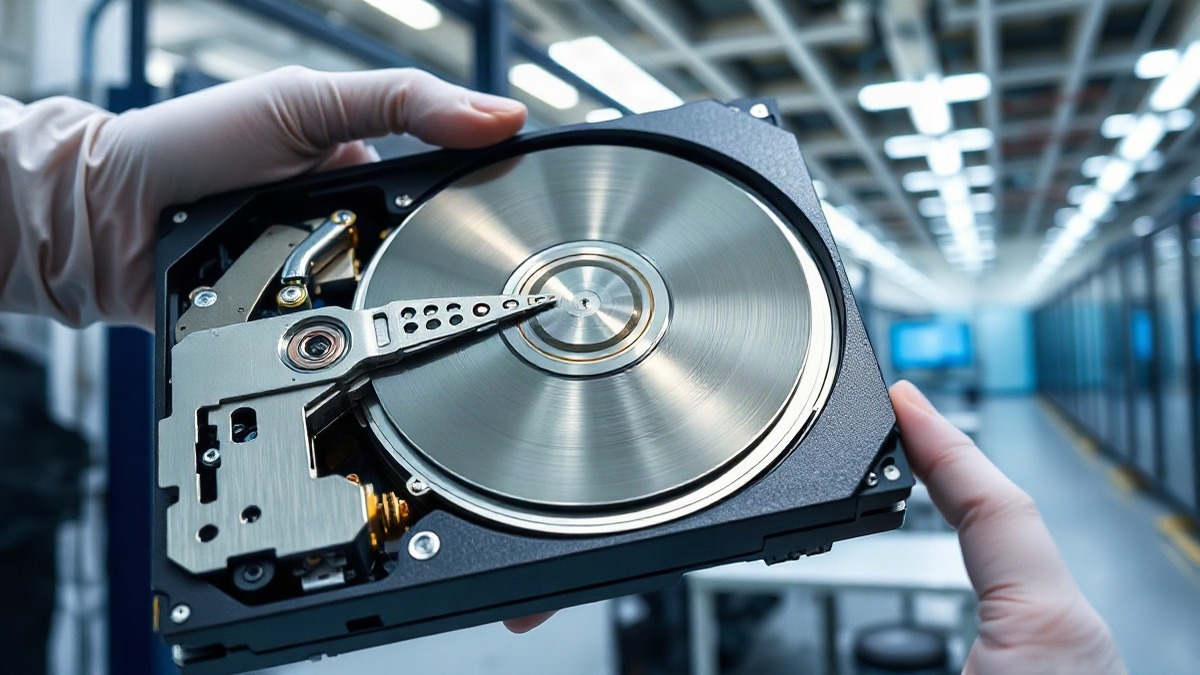 An opened enterprise hard drive on a cleanroom bench, its stacked magnetic platters and actuator arm exposed under soft light. Capacity comes from pressing more bits into each of those disks, and that density is what Western Digital now charges for. Photo: The Signal / AI-generated.