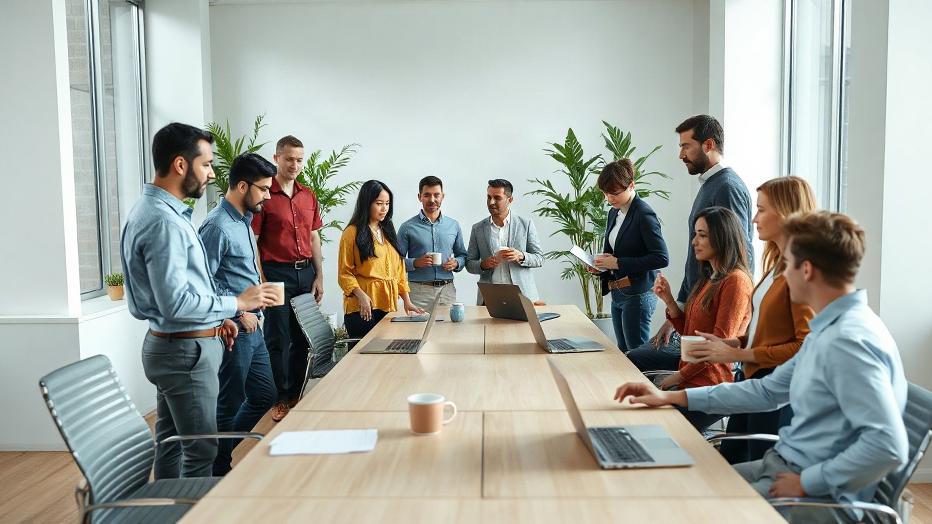 A diverse team of cybersecurity analysts collaborates around a central table in a bright, modern security operations center, facing a large curved video wall showing a live world map of threat activity. Photo: The Signal / AI-generated.